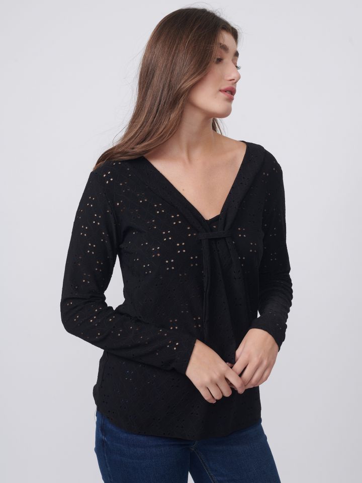 חולצה תחרה עניבה בצבע שחור