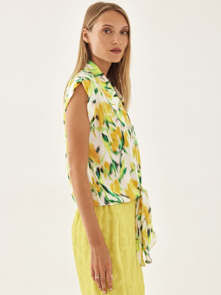 חולצה סטן קשירה דפוס בצבע ירוק בהיר