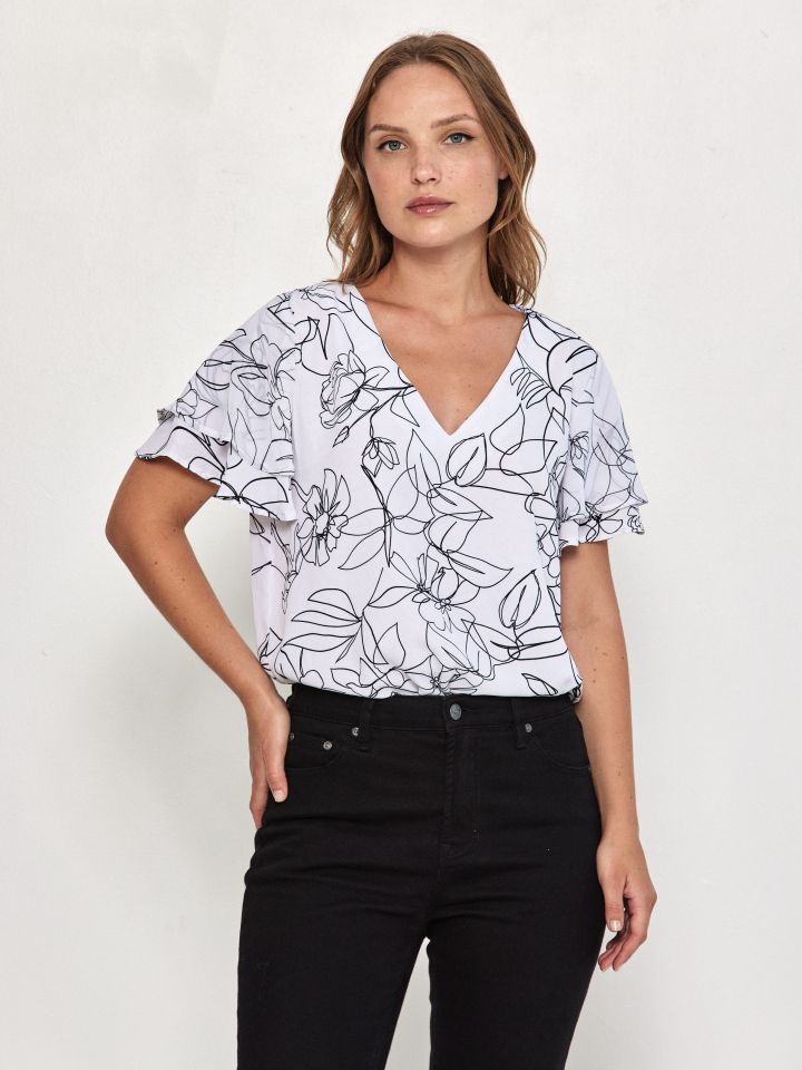 חולצה V דפוס PROMO בצבע לבן