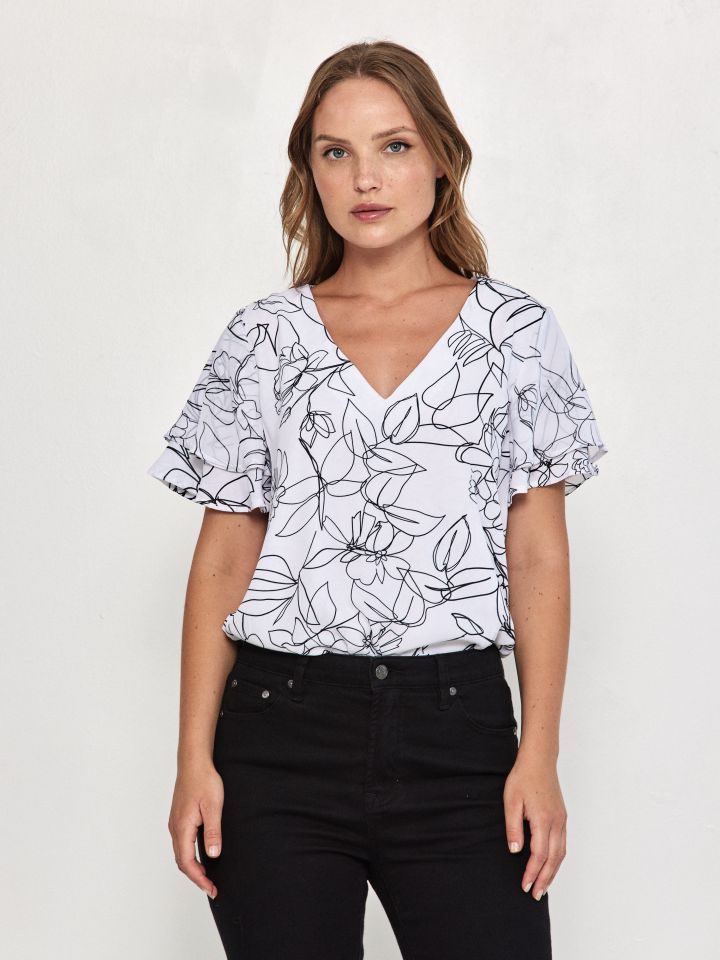 חולצה V דפוס PROMO בצבע לבן