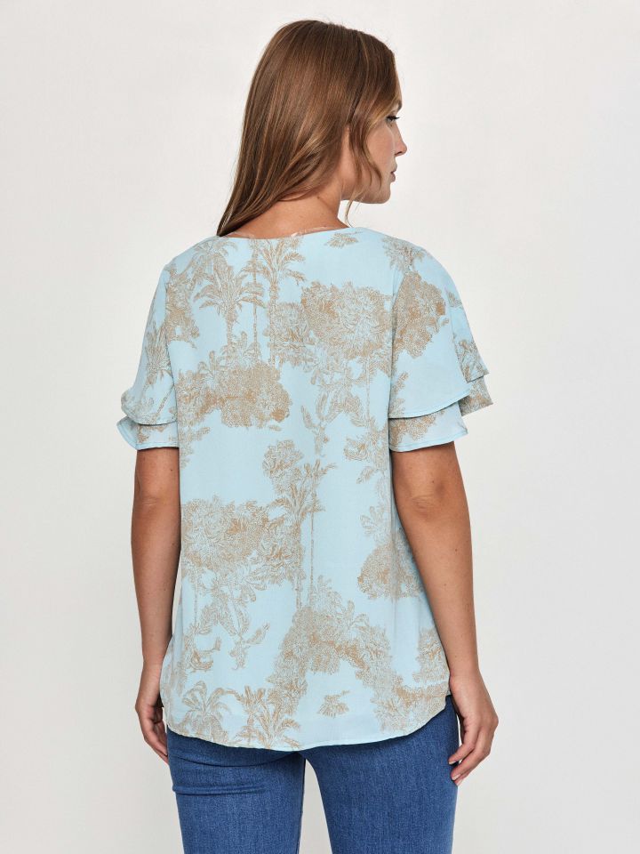 חולצה V דפוס PROMO בצבע תכלת/חום