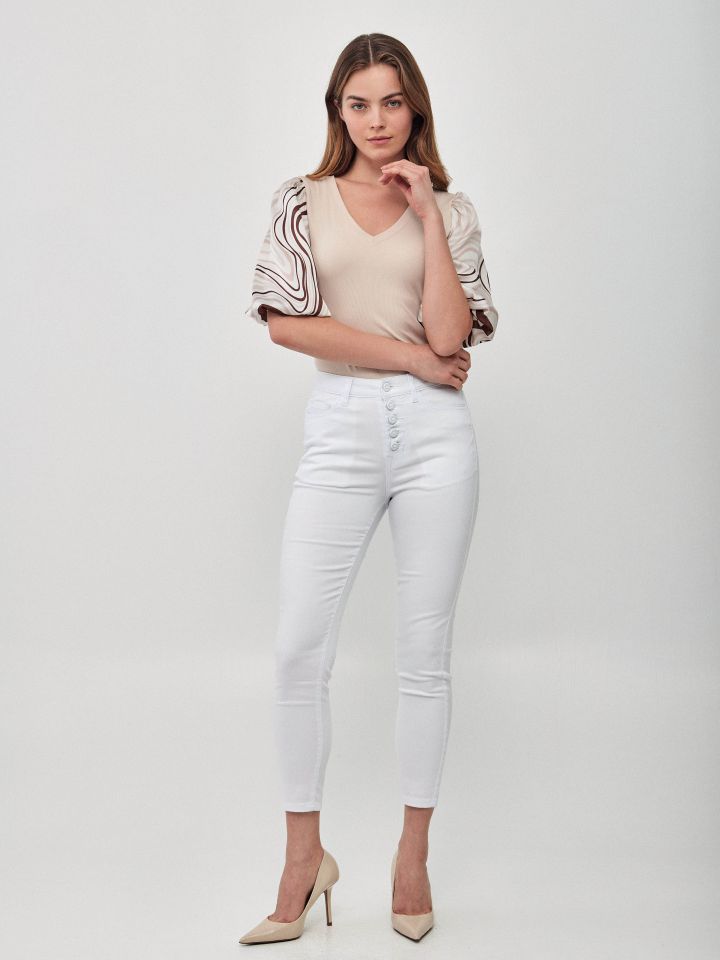 חולצה ריב V שרוול דפוס בצבע בייז’