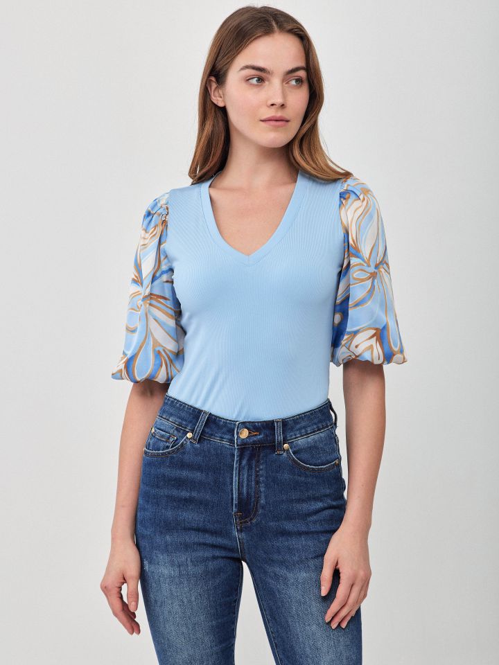 חולצה ריב V שרוול דפוס בצבע תכלת