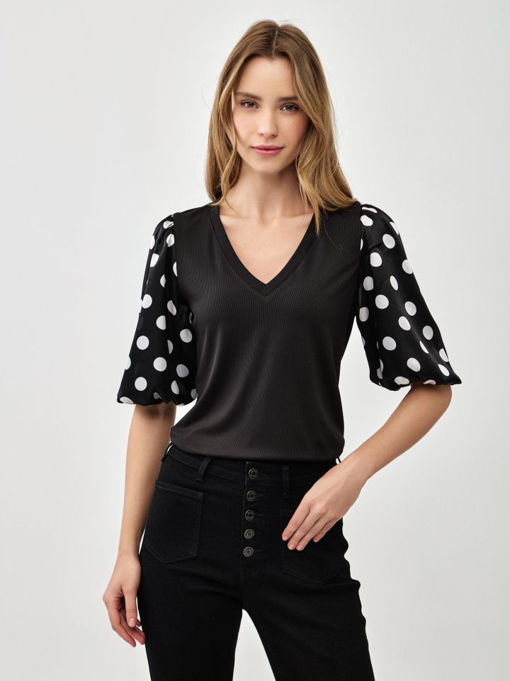 חולצה ריב V שרוול דפוס בצבע נקודות