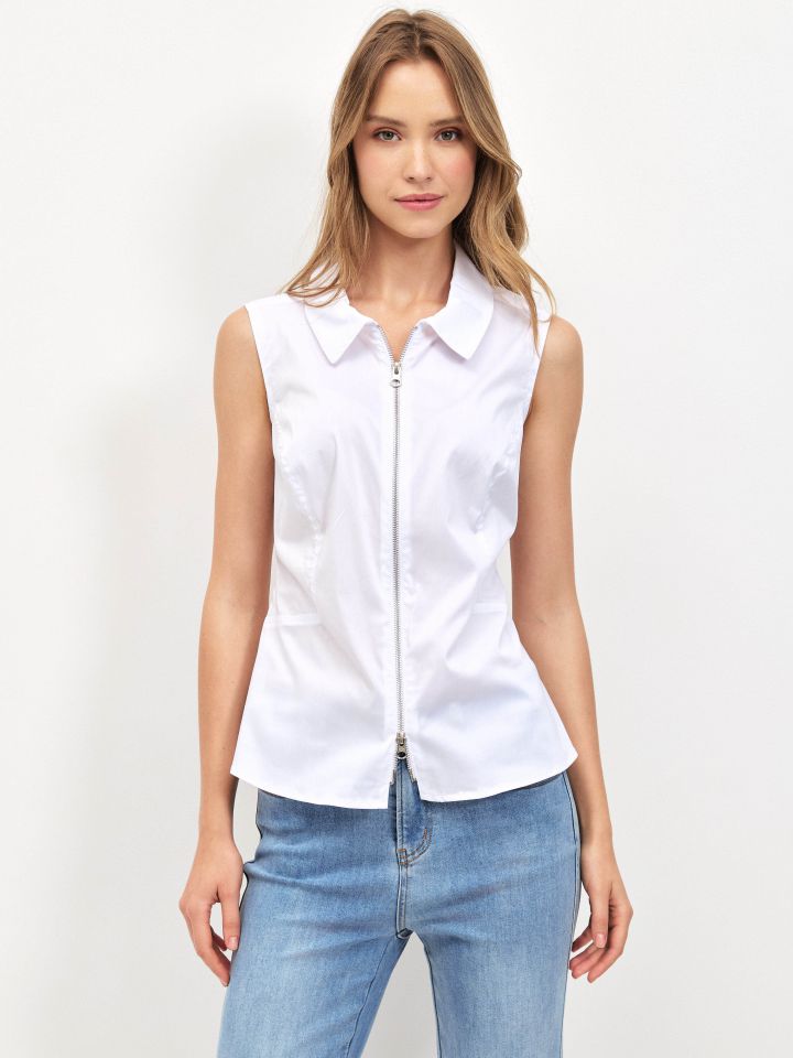 חולצה פופלין + רוכסן בצבע לבן