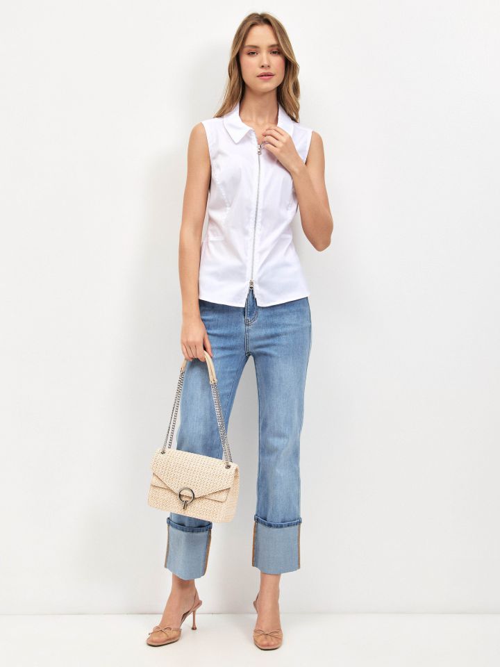 חולצה פופלין + רוכסן בצבע לבן