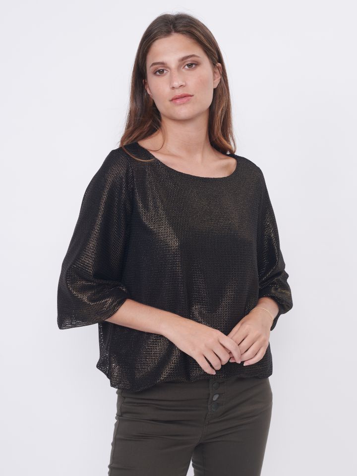 חולצה בלון תחרה בצבע שחור לורקס