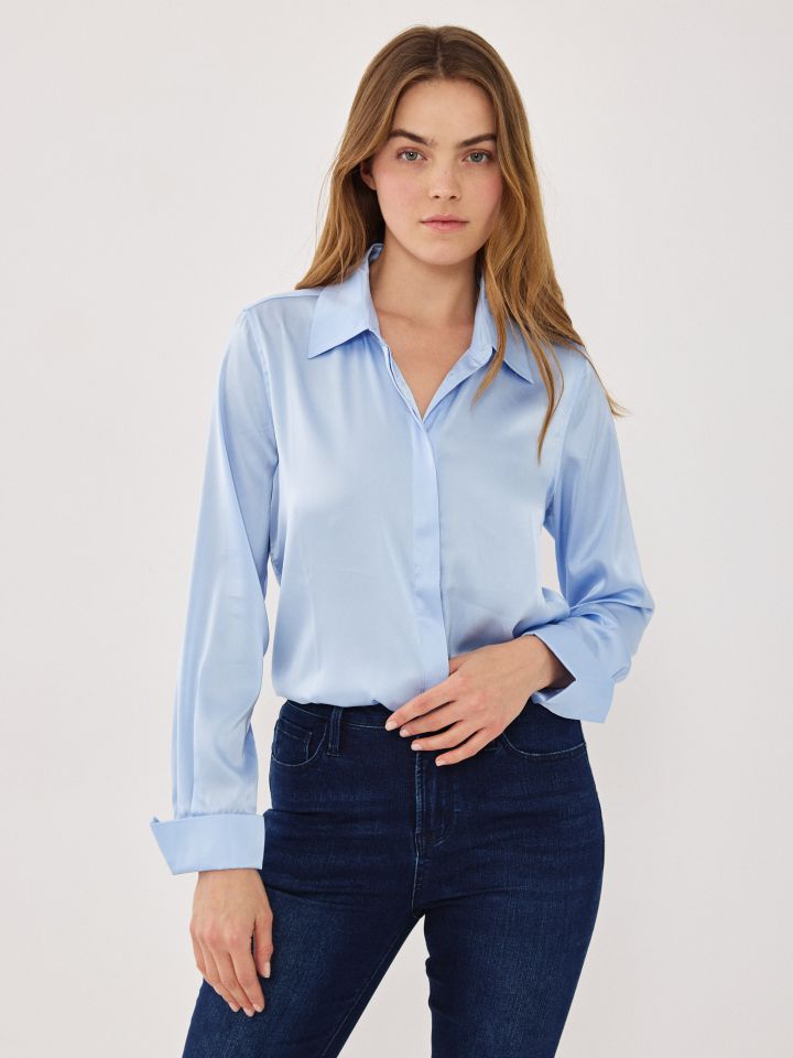 חולצה סטן מכופתרת PROMO בצבע תכלת אורלי