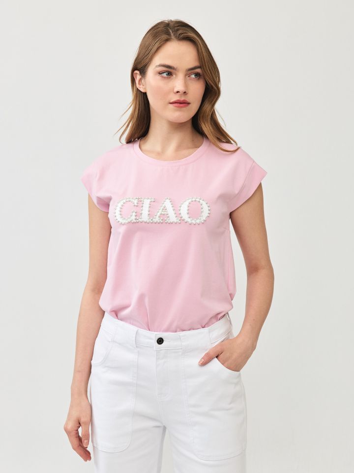 חולצה דפוס דמוי פנינים PROMO בצבע ורוד