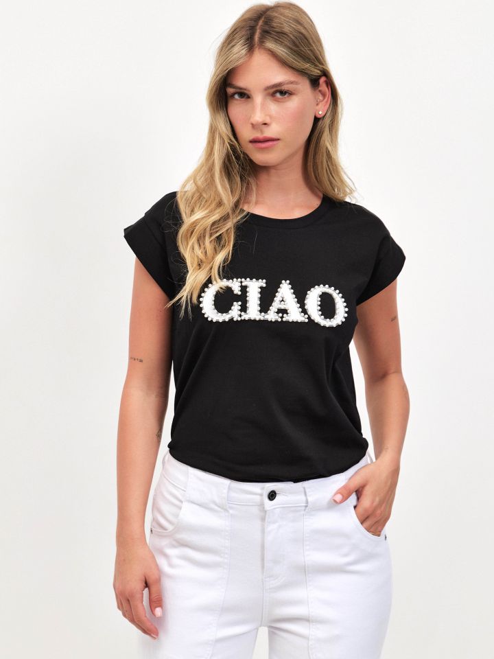 חולצה דפוס דמוי פנינים PROMO בצבע שחור