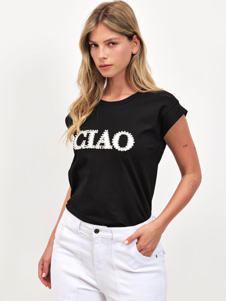 חולצה דפוס דמוי פנינים PROMO בצבע שחור