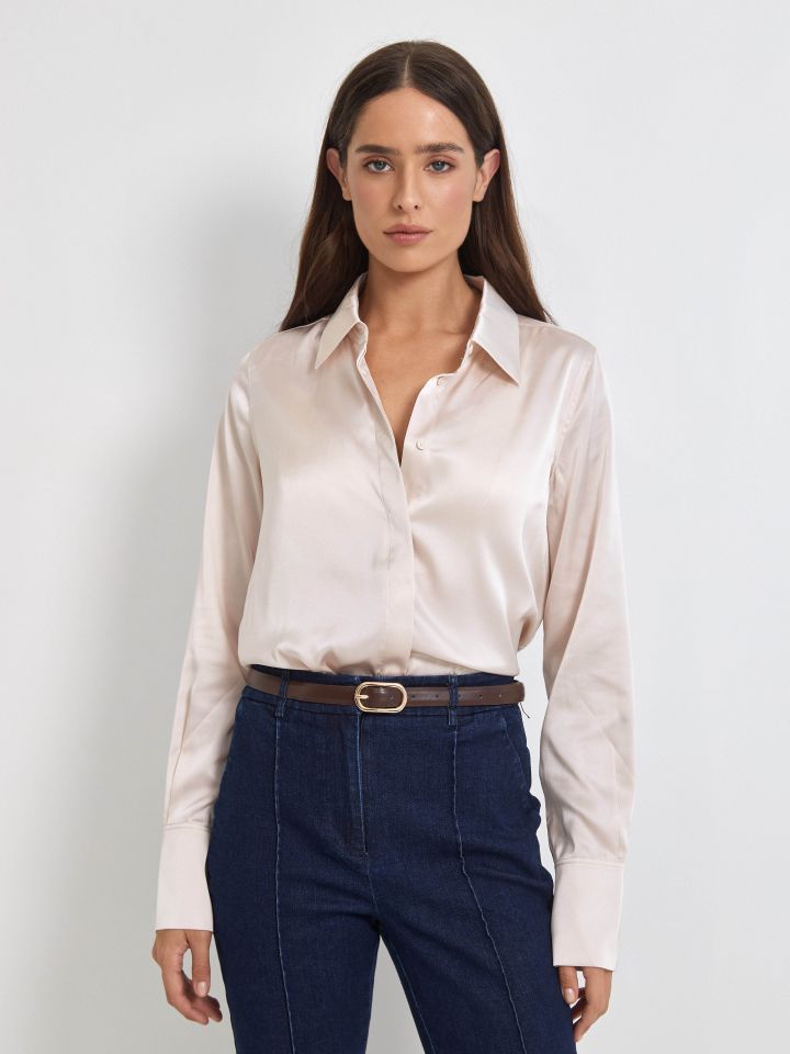 חולצה סטן מכופתרת  PROMO בצבע בייז’