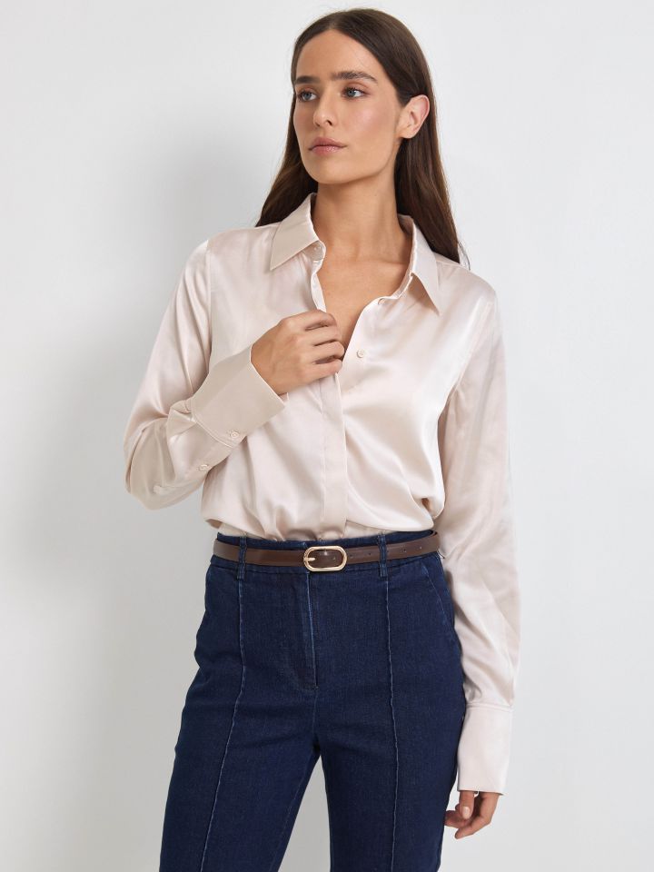 חולצה סטן מכופתרת  PROMO בצבע בייז’