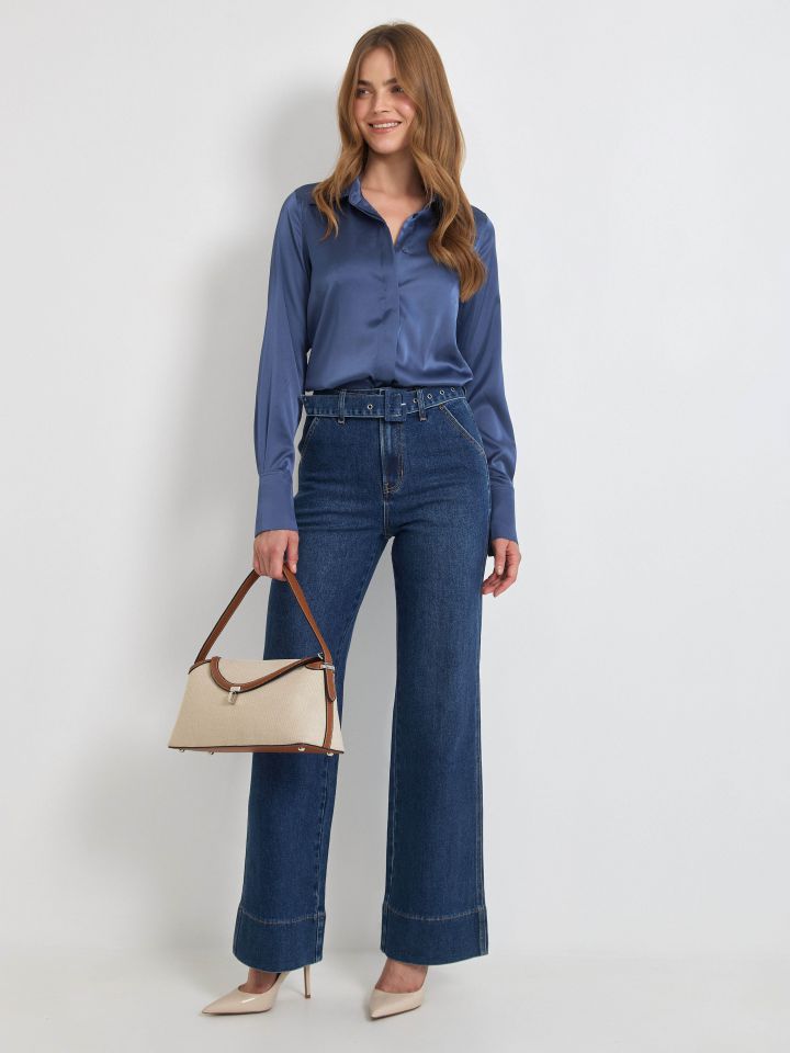 חולצה סטן מכופתרת  PROMO בצבע כחול מעושן