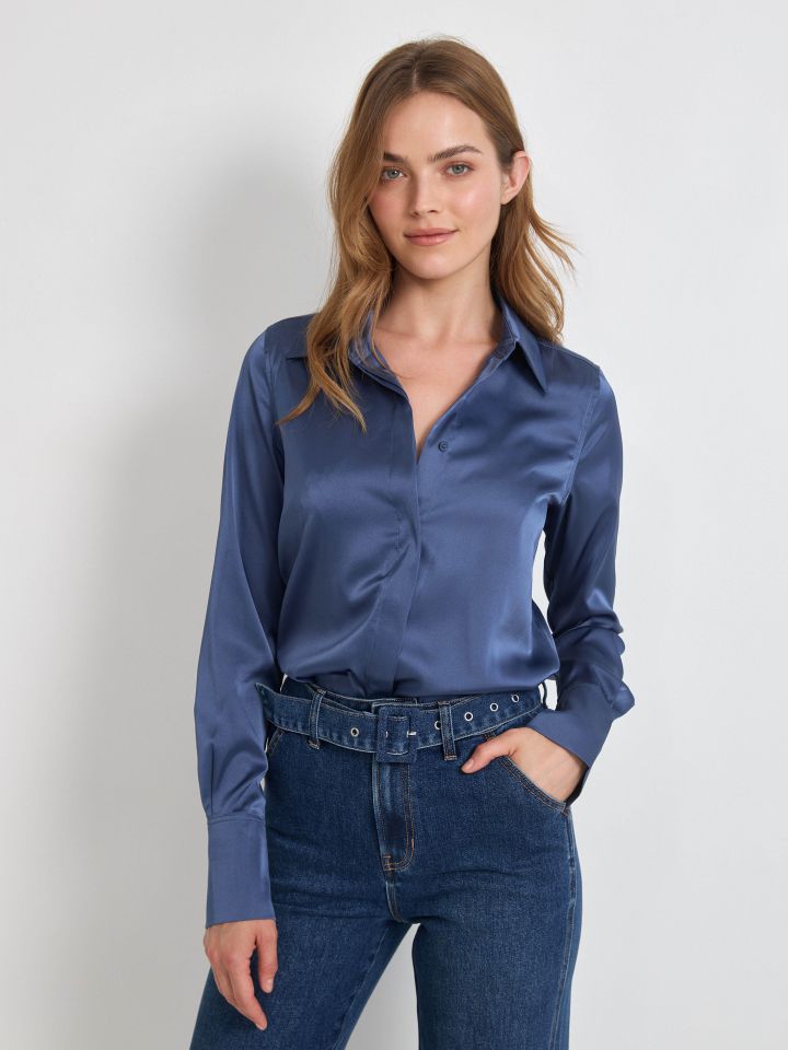 חולצה סטן מכופתרת  PROMO בצבע כחול מעושן