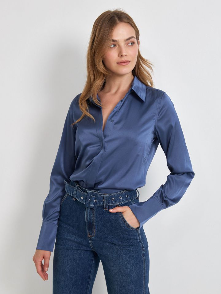 חולצה סטן מכופתרת  PROMO בצבע כחול מעושן