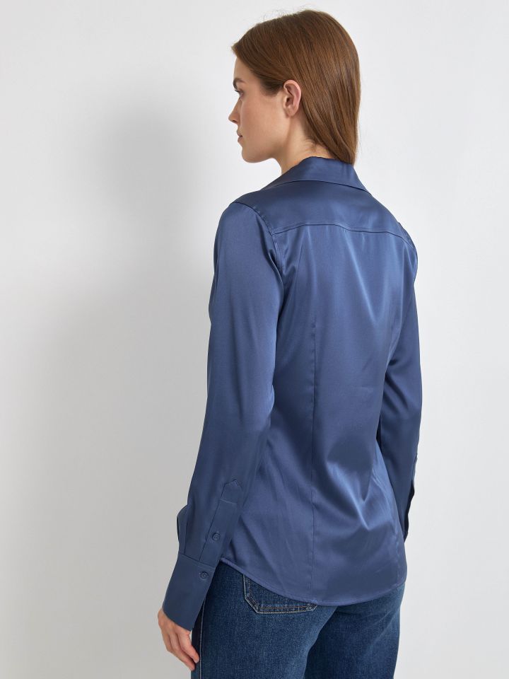 חולצה סטן מכופתרת  PROMO בצבע כחול מעושן