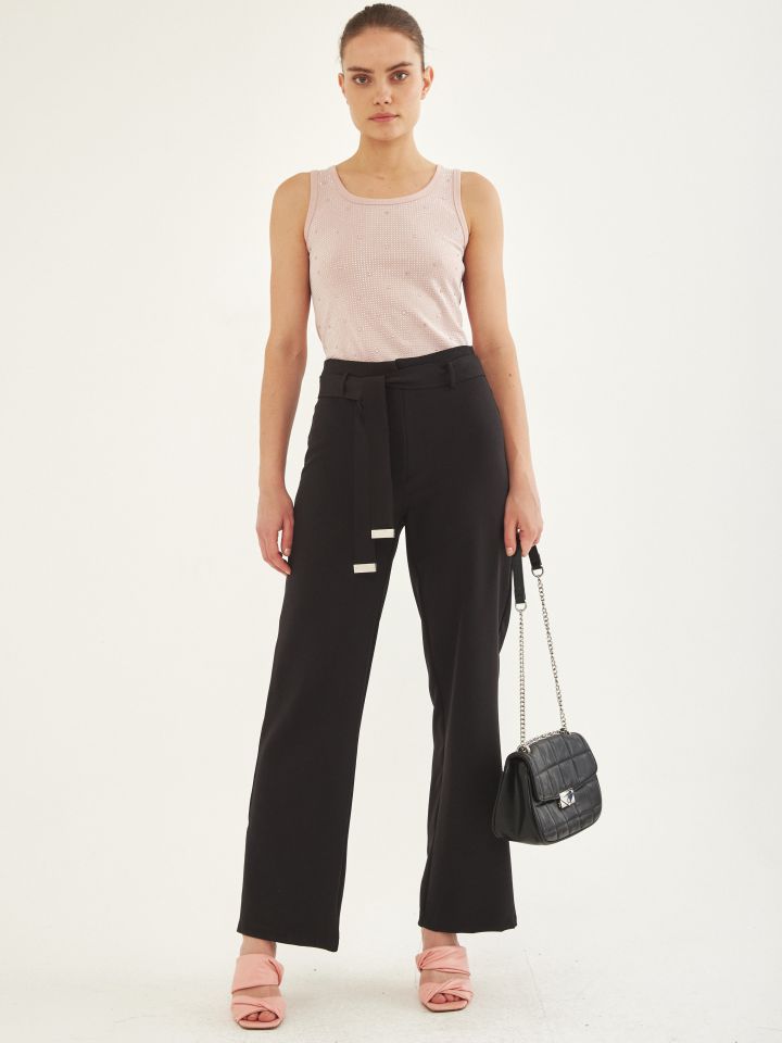 מכנסי חגורה קשירה בצבע שחור