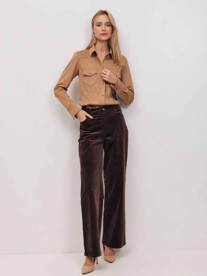 מכנסיים קטיפה מתרחב בצבע חום