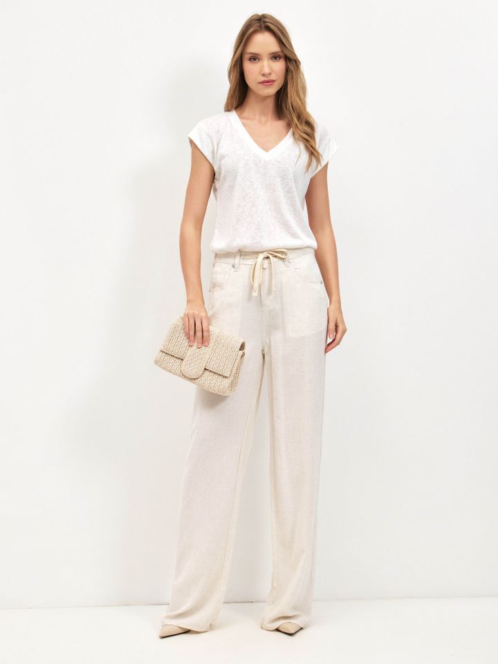 מכנסיים מראה פישתן שרוך PROMO בצבע שמנת