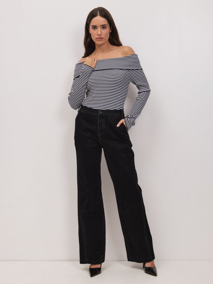 מכנסיים ג’ינס קטיפה בצבע כחול/שחור