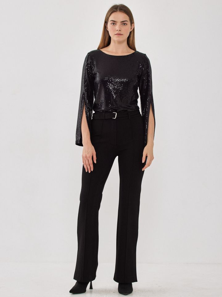 מכנס עם חגורה שליץ צד בצבע שחור