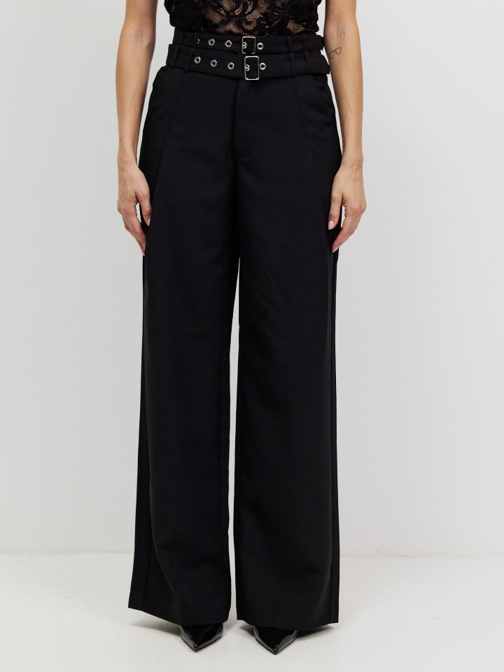 מכנסיים חגורה כפולה בצבע שחור