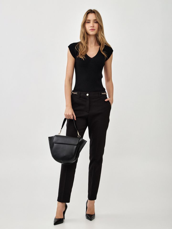 מכנסיים שילוב אבזמים ארוך בצבע שחור