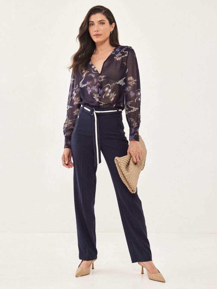 מכנסי רוכסנים חגורה פסים בצבע כחול כהה