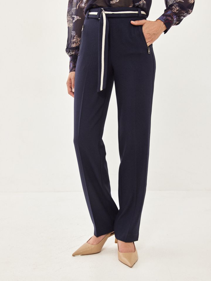 מכנסי רוכסנים חגורה פסים בצבע כחול כהה