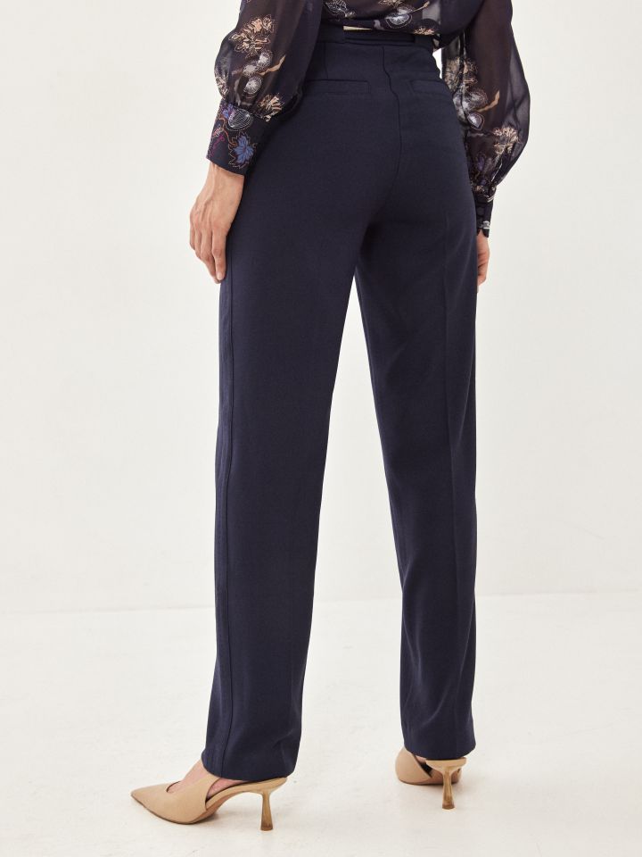 מכנסי רוכסנים חגורה פסים בצבע כחול כהה