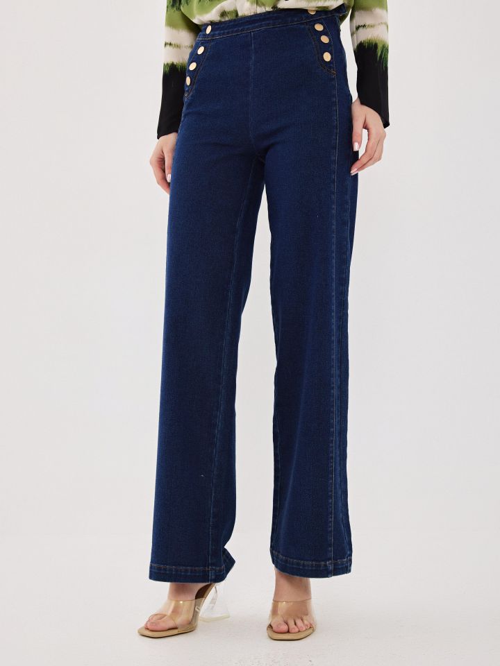 מכנסיים ג’ינס כפתורים בצדדים בצבע ג’ינס כהה