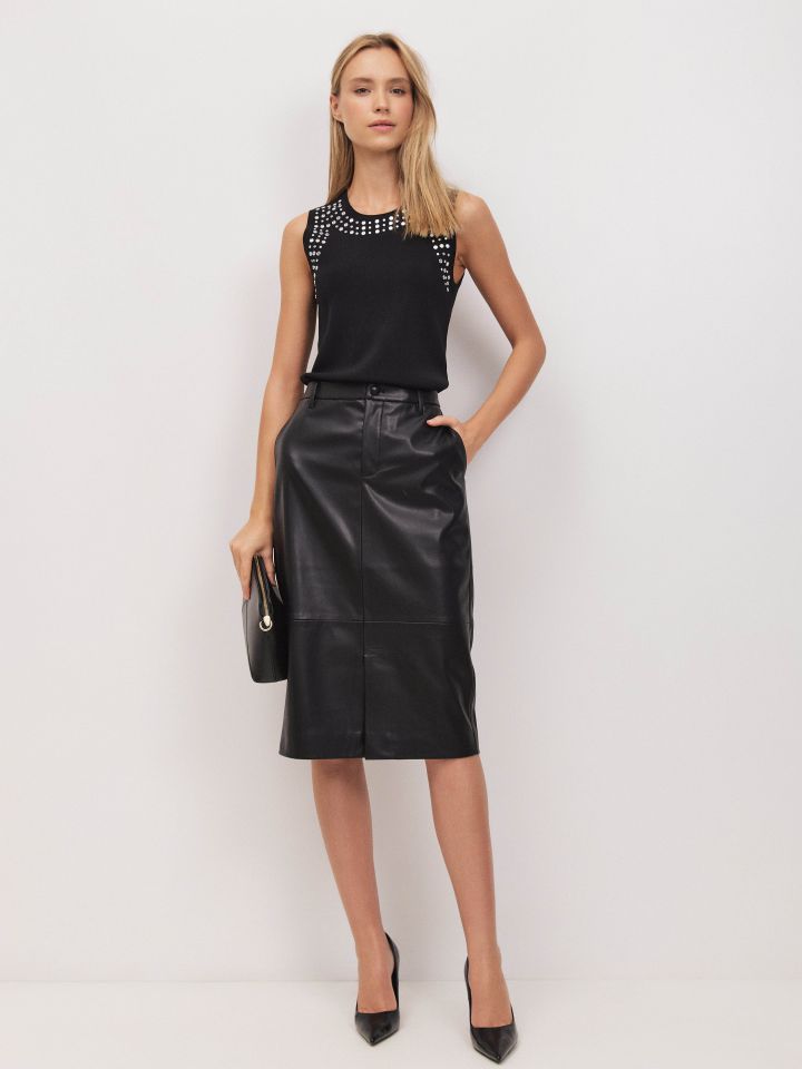חצאית דמוי עור + כיסים בצבע שחור