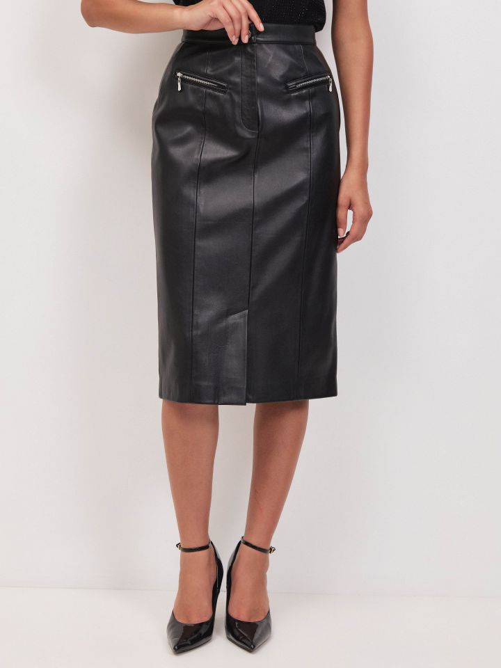 חצאית דמוי עור רוכסנים בצבע שחור