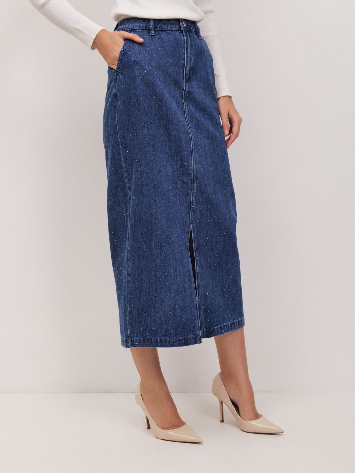 חצאית ג’ינס דמוי יהלומים בצבע ג’ינס