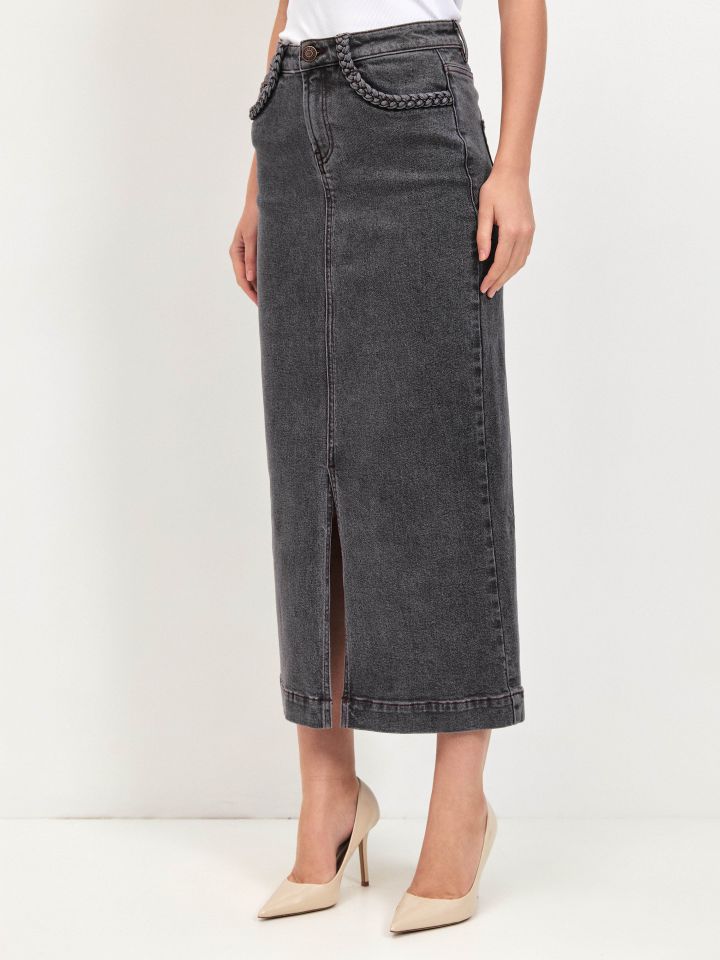 חצאית ג’ינס צמות בכיסים בצבע ג’ינס אפור