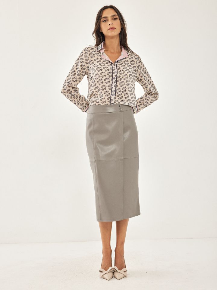 חצאית דמוי עור מעטפה בצבע מוקה