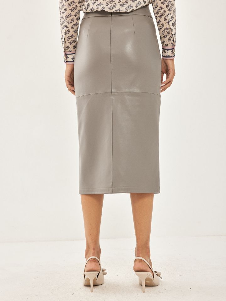 חצאית דמוי עור מעטפה בצבע מוקה