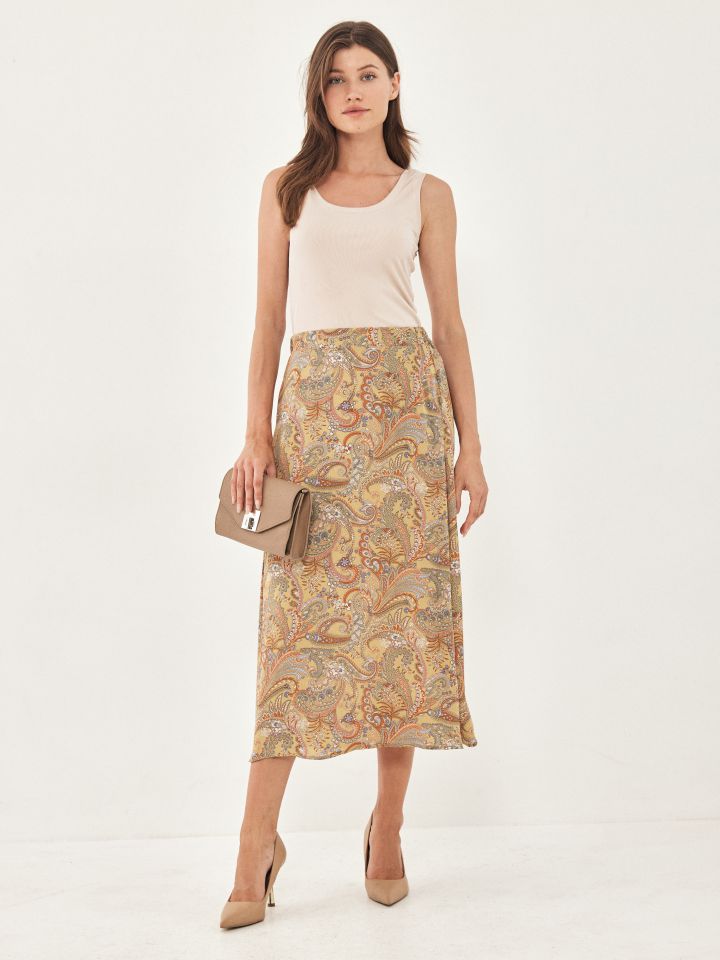 חצאית דפוס גומי בגב בצבע חרדל