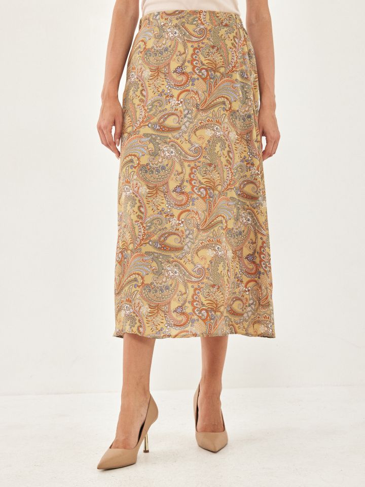 חצאית דפוס גומי בגב בצבע חרדל