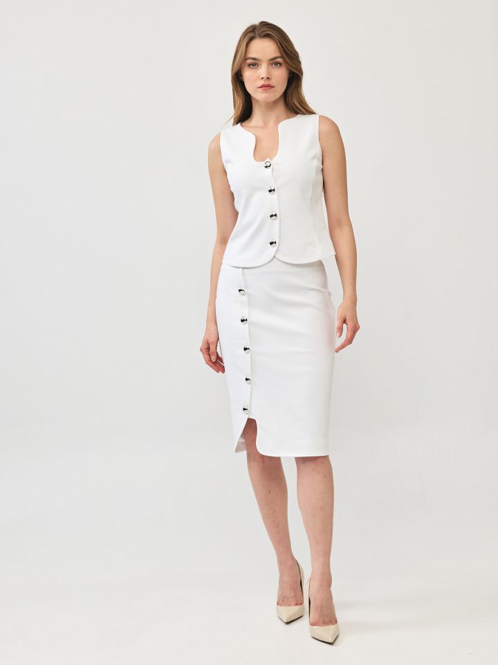 חצאית כפתורי צד LINOR בצבע אופוויט