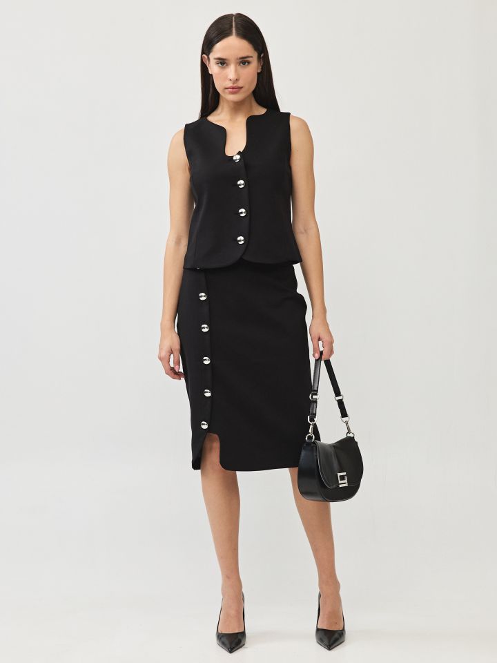 חצאית כפתורי צד LINOR בצבע שחור