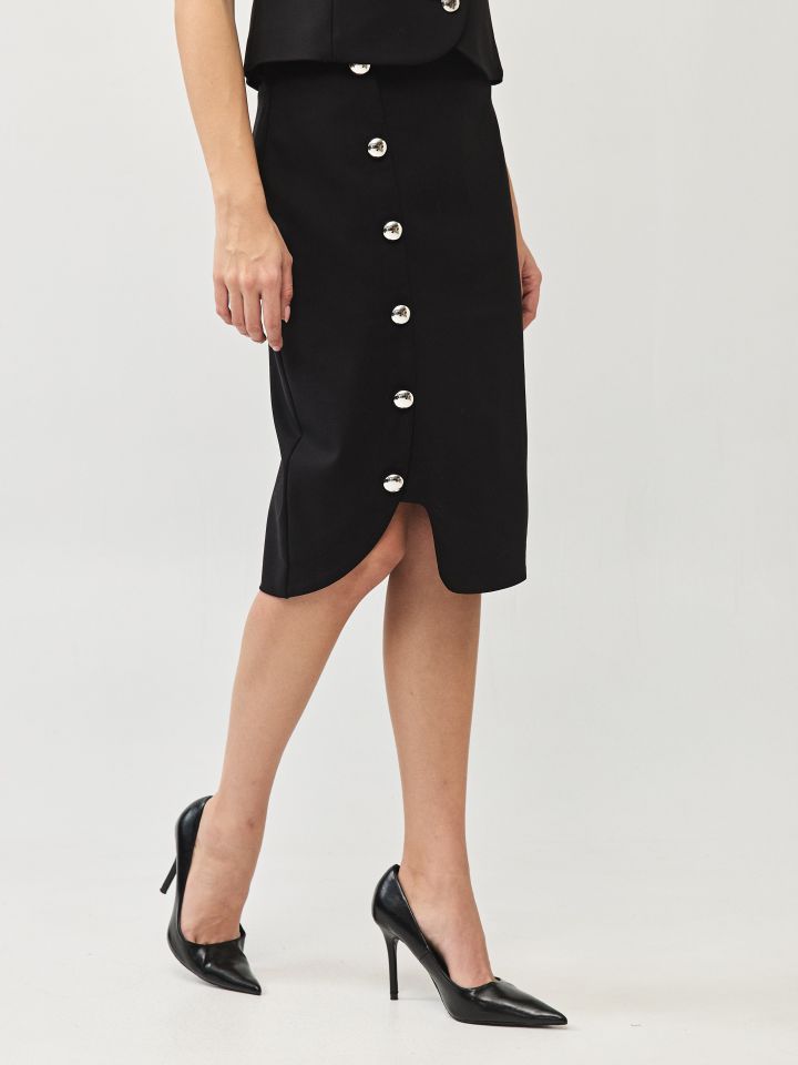 חצאית כפתורי צד LINOR בצבע שחור