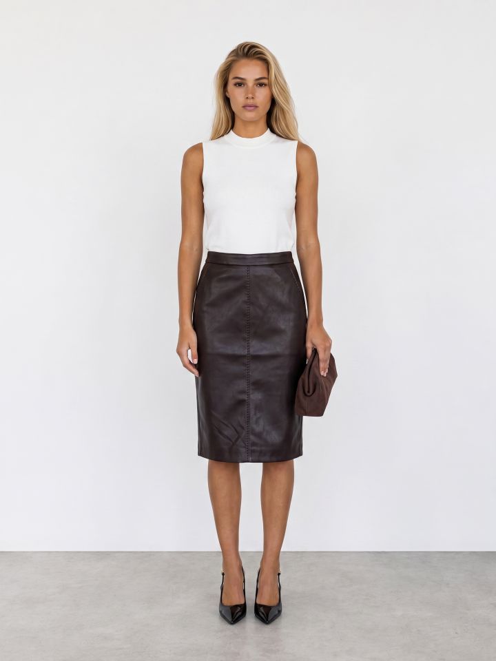 חצאית דמוי עור בצבע חום