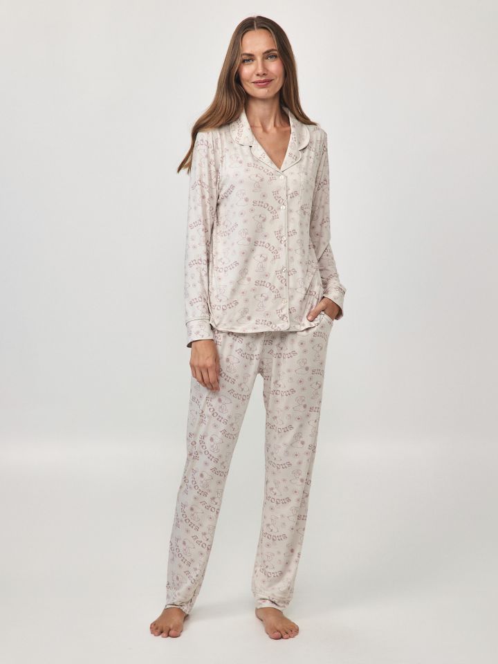 סט פיג’מה מודפס כפתורים בצבע בייז’