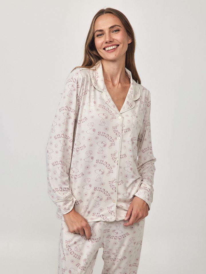 סט פיג’מה מודפס כפתורים בצבע בייז’