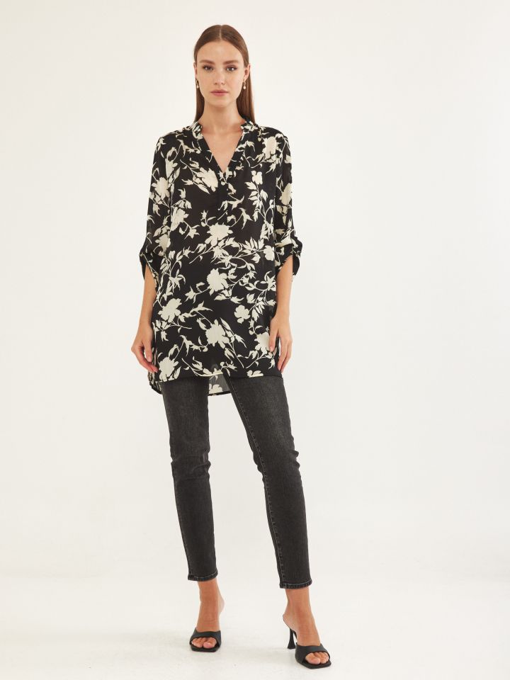 טוניקה שינה דפוס בצבע שחור/לבן