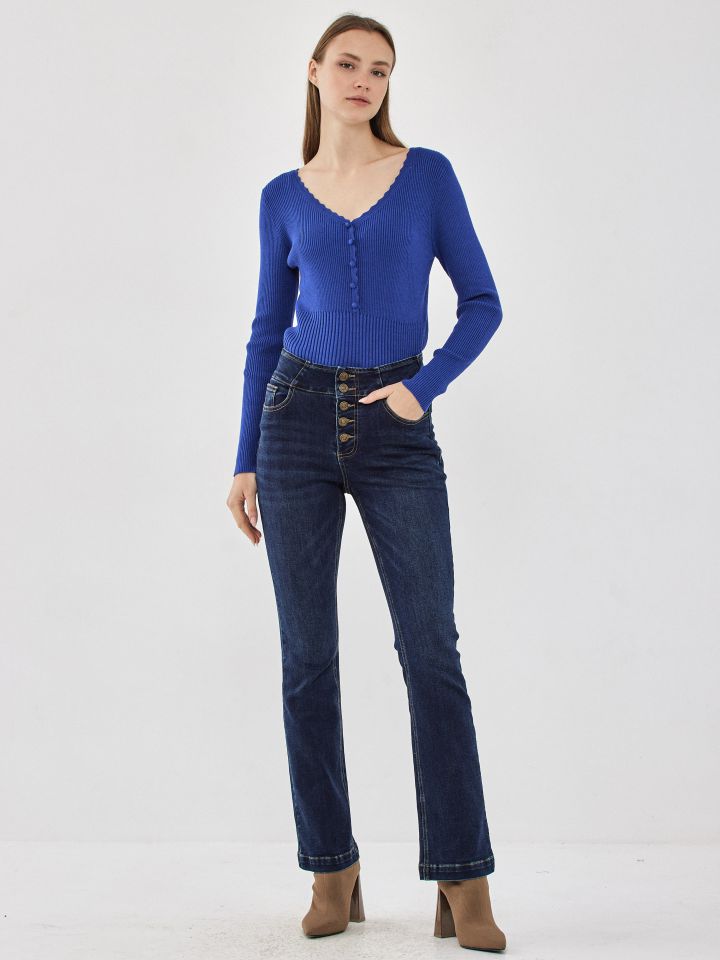 סריג V ריבים וכפתורים PROMO בצבע כחול רויאל