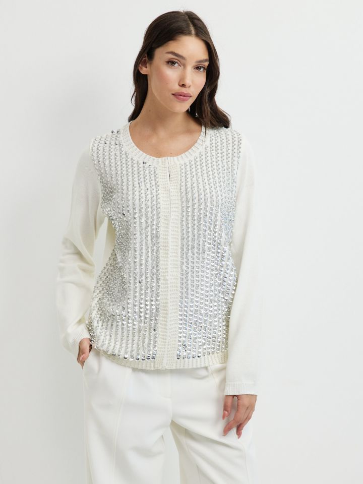 עליונית סריג שילוב דמוי פנינים בצבע אופוויט