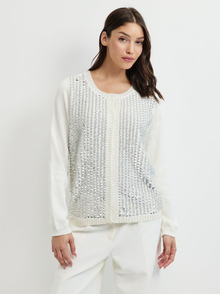 עליונית סריג שילוב דמוי פנינים בצבע אופוויט